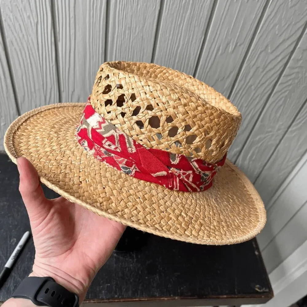 Vintage Woven Straw Hat Small USA Made Red Band Western Boho Summer CHCO WPL - Picture 10 of 10